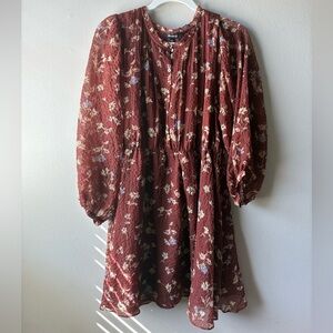 Madewell Floral Crinkle Chiffon Mini Dress – Rust Red/Brown, Size Medium